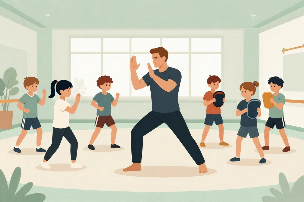 Illustration eines Selbstverteidigungs-Workshops für Kinder an Schulen