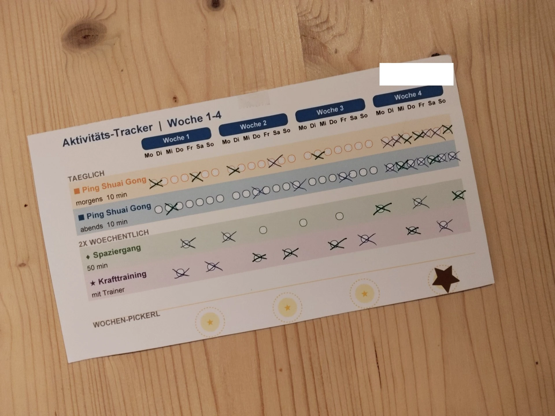 Rudis handgeführte Wochenkarte mit Trainings-Kästchen und Sternchen