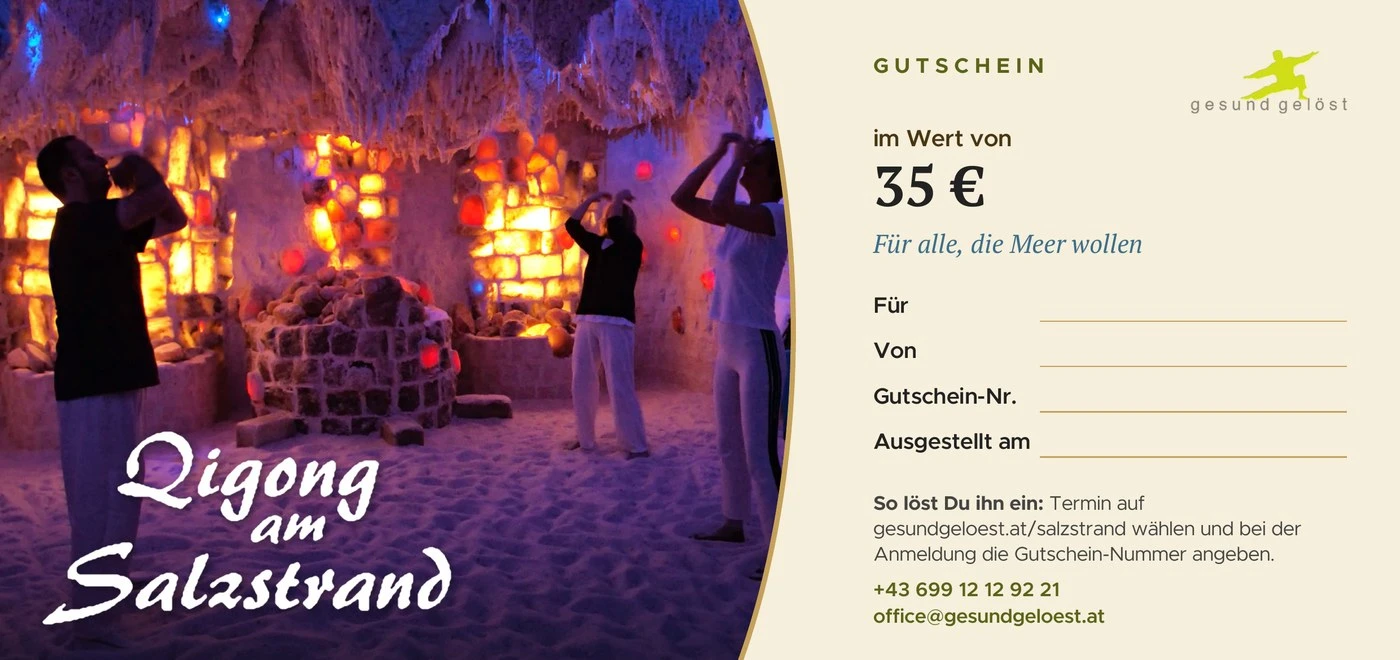 Gutschein für Qigong am Salzstrand im Wert von 35 Euro mit Motiv aus der Salzgrotte
