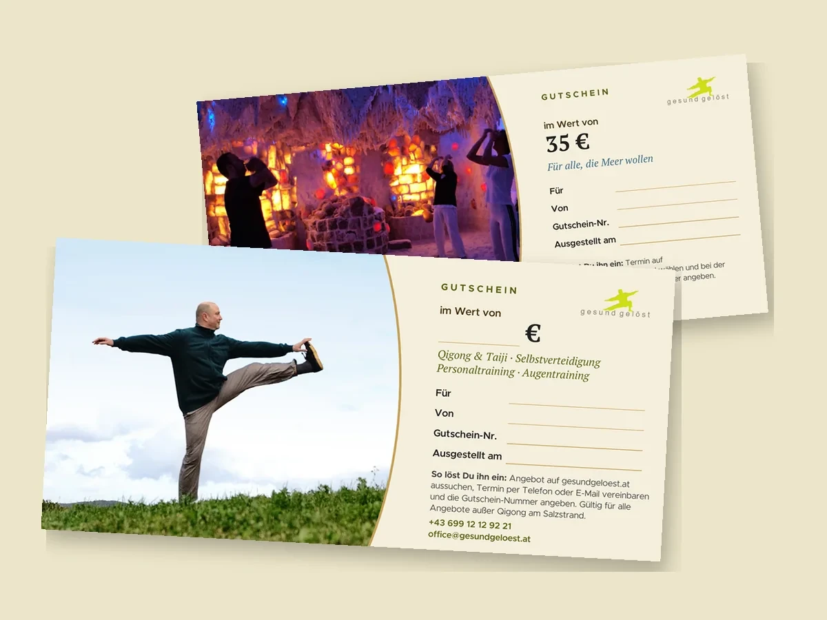 Wertgutschein von Gesund Gelöst und Gutschein für Qigong am Salzstrand, schräg übereinander liegend