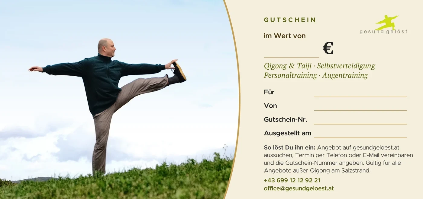 Wertgutschein von Gesund Gelöst mit Feldern für Betrag, Empfänger, Absender, Gutschein-Nummer und Ausstellungsdatum